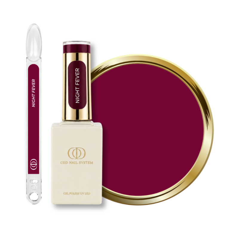 Flacon, tips et pastille du vernis semi permanent Night Fever, grenat