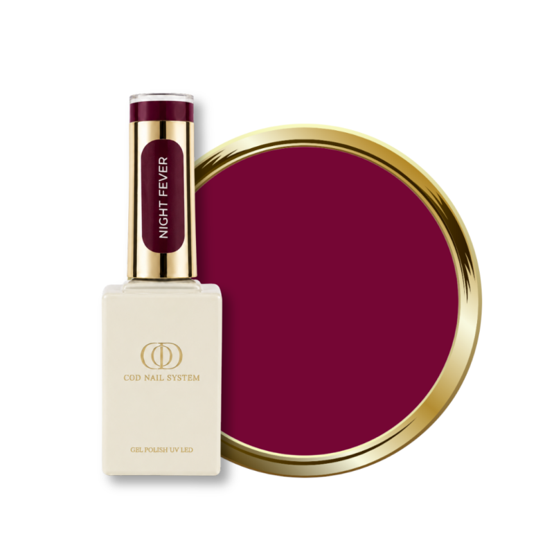 Flacon et pastille du vernis semi permanent Night Fever, grenat