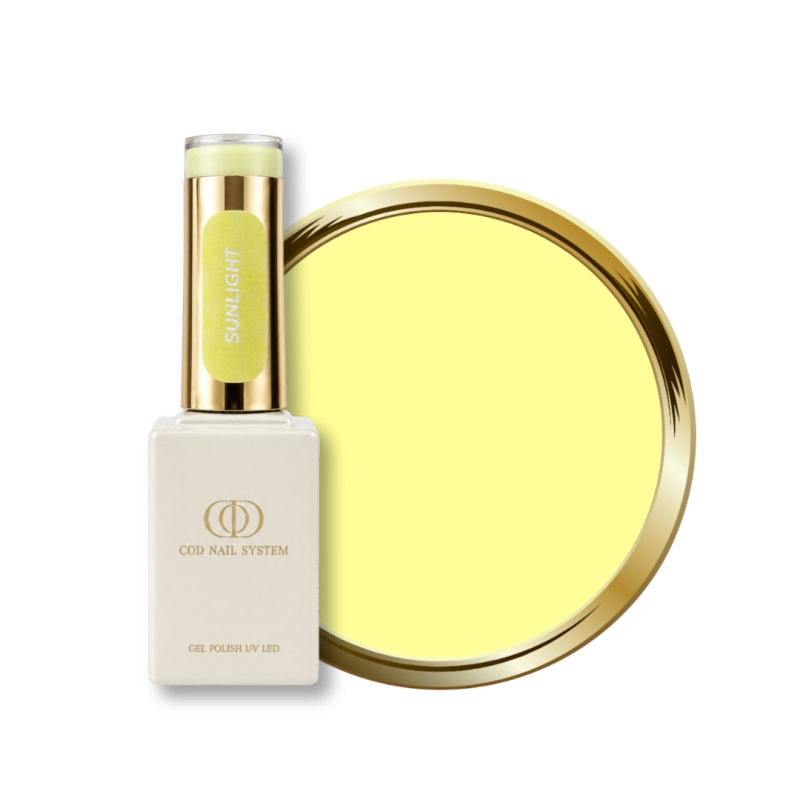 Flacon et pastille du vernis semi permanent Sunlight, jaune pastel