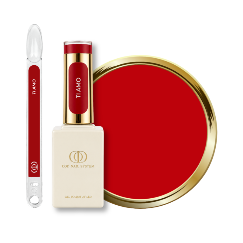 Flacon, tips et pastille du vernis semi permanent Ti Amo, rouge intense