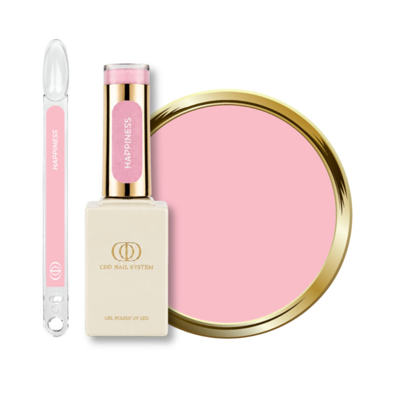 Flacon, tips et pastille du vernis semi permanent Happiness, rose pastel