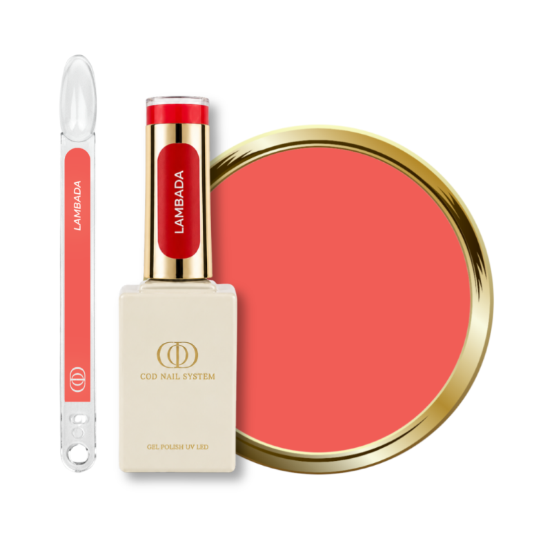 Flacon, tips et pastille du vernis semi permanent Lambada, néon corail