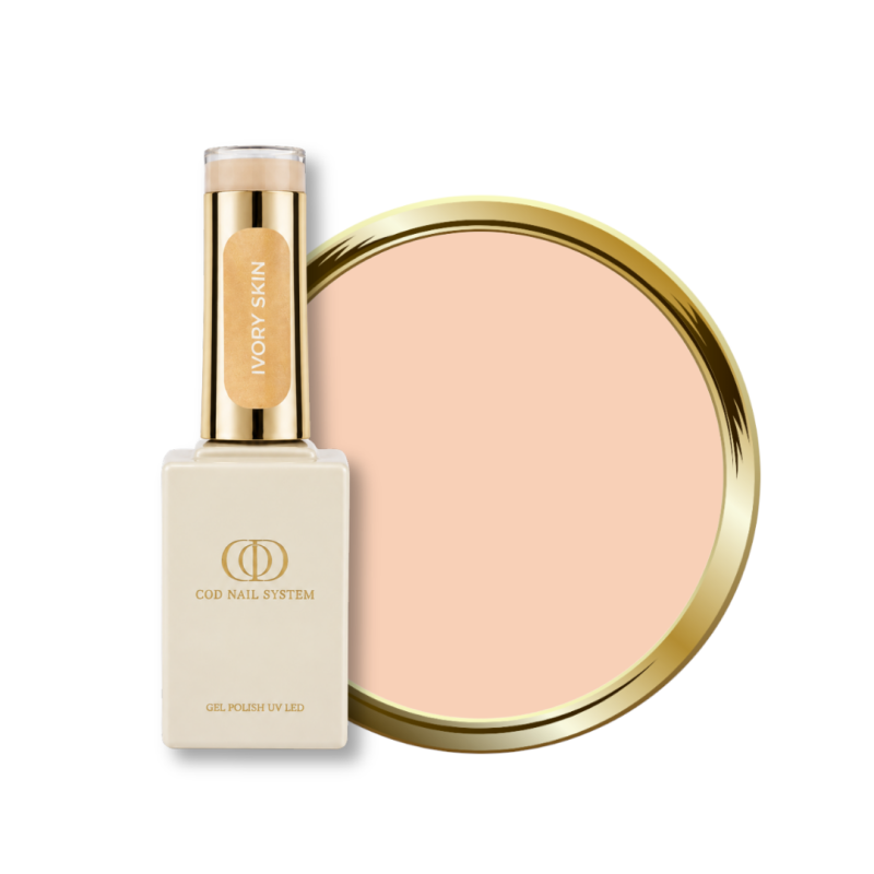 Flacon et pastille du vernis semi permanent Ivory Skin, nude beige chaud