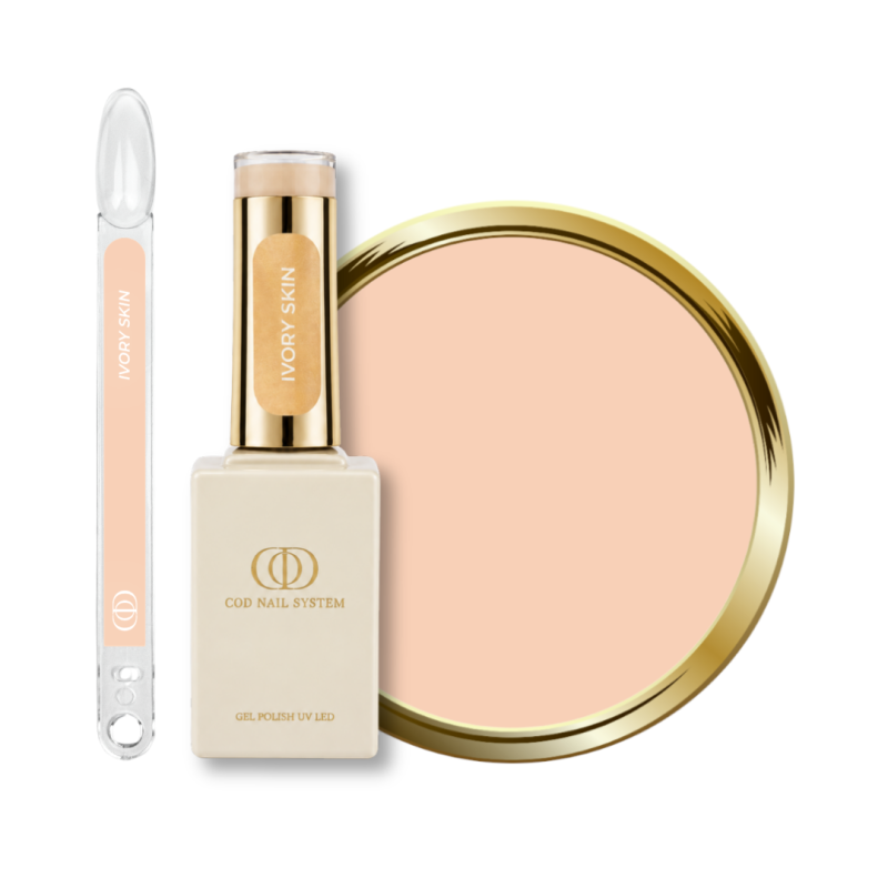 Flacon, tips et pastille du vernis semi permanent Ivory Skin, nude beige chaud