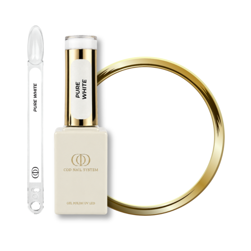 Flacon, tips et pastille du vernis semi permanent Pure White, blanc pur