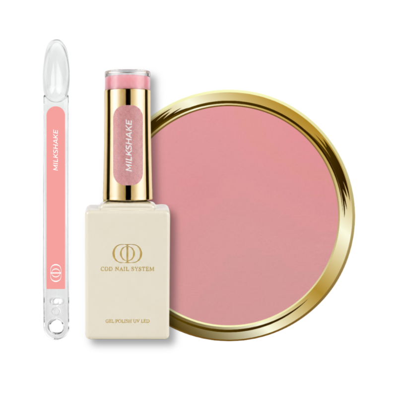 Flacon, tips et pastille du vernis semi permanent Milkshake, rose laiteux
