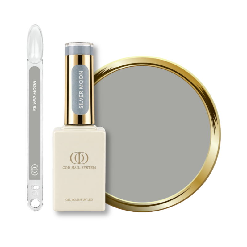 Flacon, tips et pastille du vernis semi permanent Silver Moon, gris