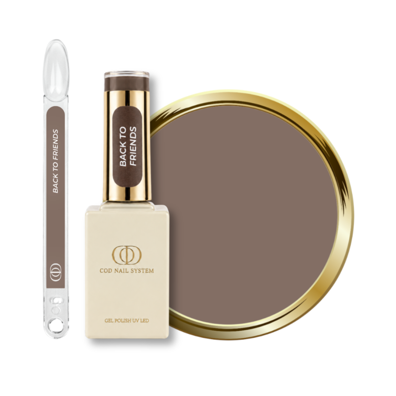 Flacon, tips et pastille du vernis semi permanent Back To Friends, gris taupe