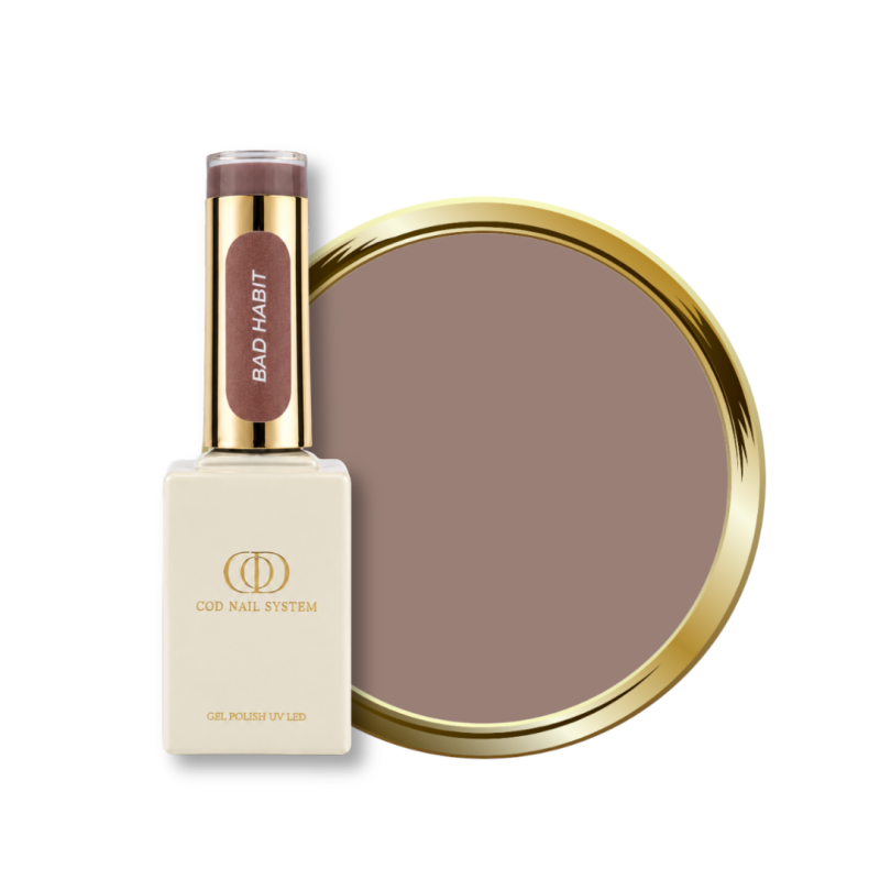 Flacon et pastille du vernis semi permanent Bad Habit, marron nude beige rosé