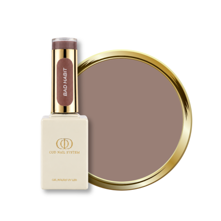 Flacon et pastille du vernis semi permanent Bad Habit, marron nude beige rosé
