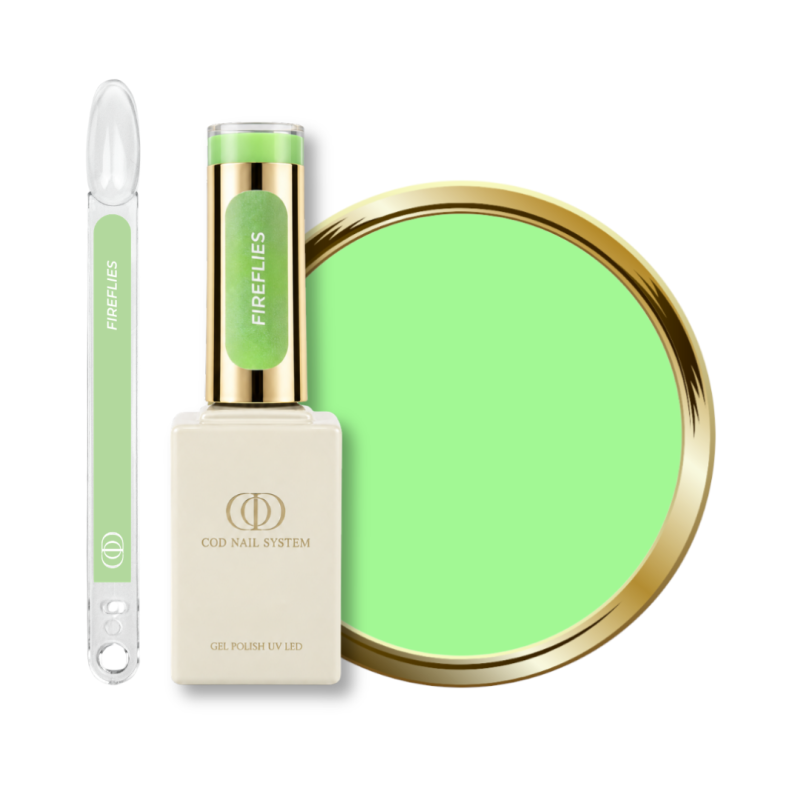 Flacon, tips et pastille du vernis semi permanent Fireflies, vert pastel fluo