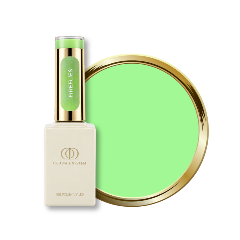 Flacon et pastille du vernis semi permanent Fireflies, vert pastel fluo