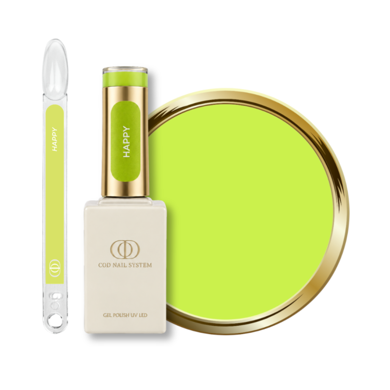 Flacon, tips et pastille du vernis semi permanent Happy, vert pomme néon