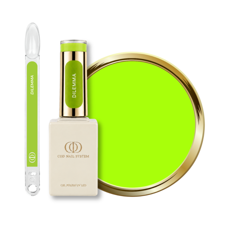 Flacon, tips et pastille du vernis semi permanent Dilemma, vert néon clair