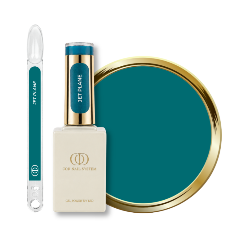 Flacon, tips et pastille du vernis semi permanent Jet Plane, vert pétrole