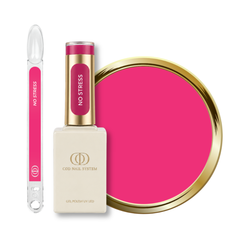 Flacon, tips et pastille du vernis semi permanent No Stress, rose néon