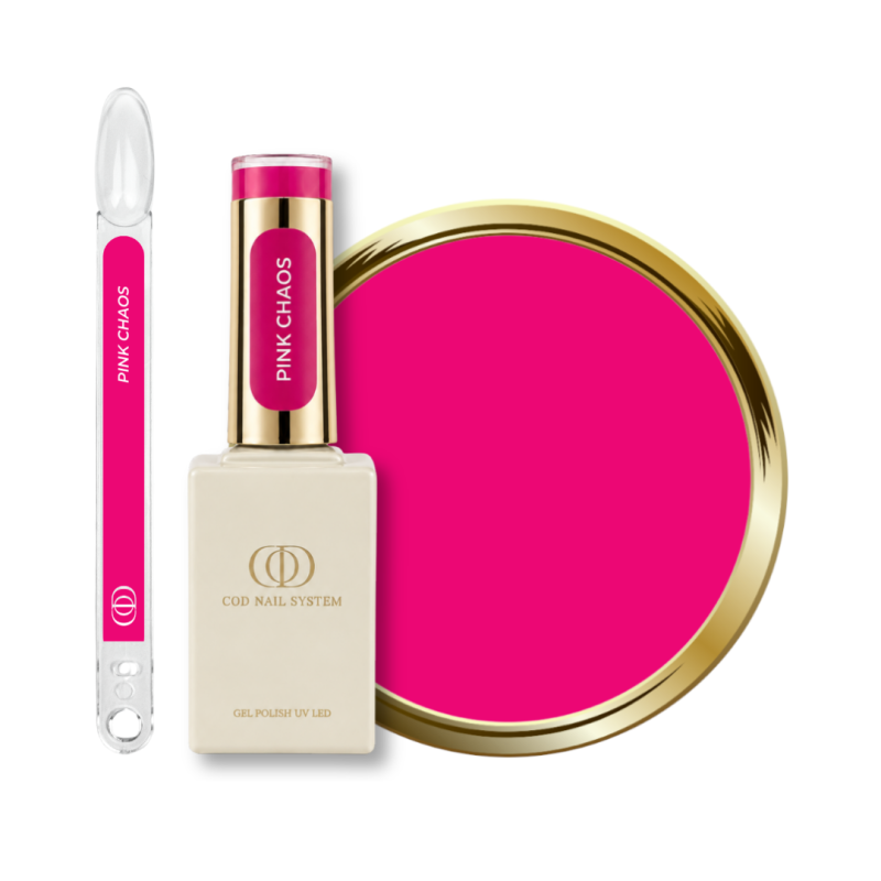 Flacon, tips et pastille du vernis semi permanent Pink Chaos, magenta néon
