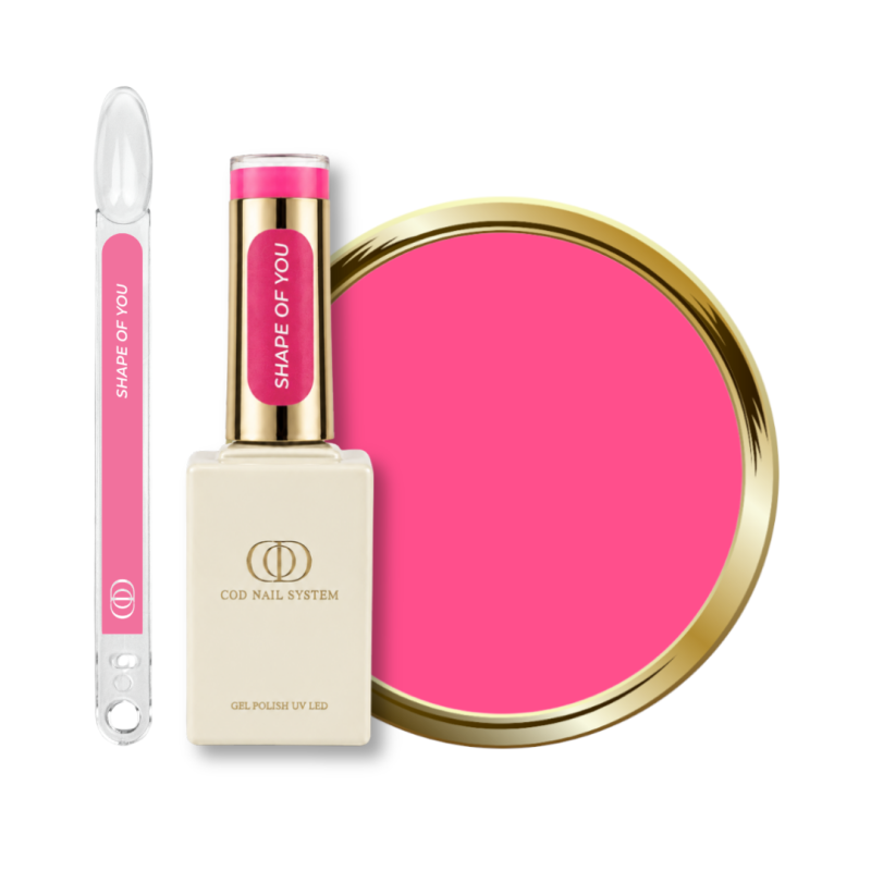 Flacon, tips et pastille du vernis semi permanent Shape Of You, rose néon bonbon