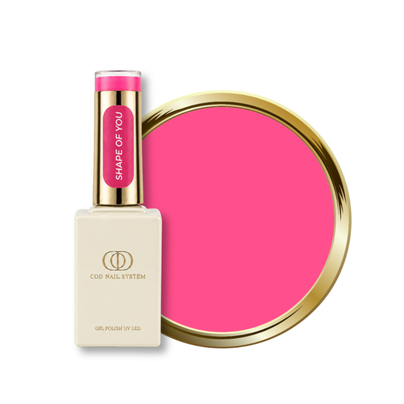 Flacon et pastille du vernis semi permanent Shape Of You, rose néon bonbon