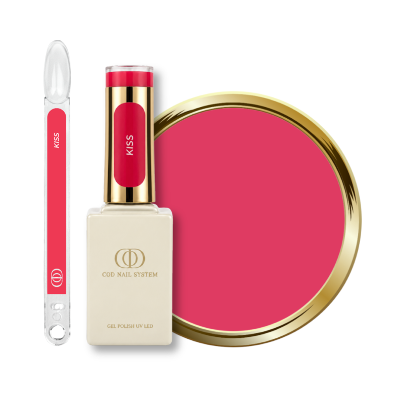 Flacon, tips et pastille du vernis semi permanent Kiss, rose framboise