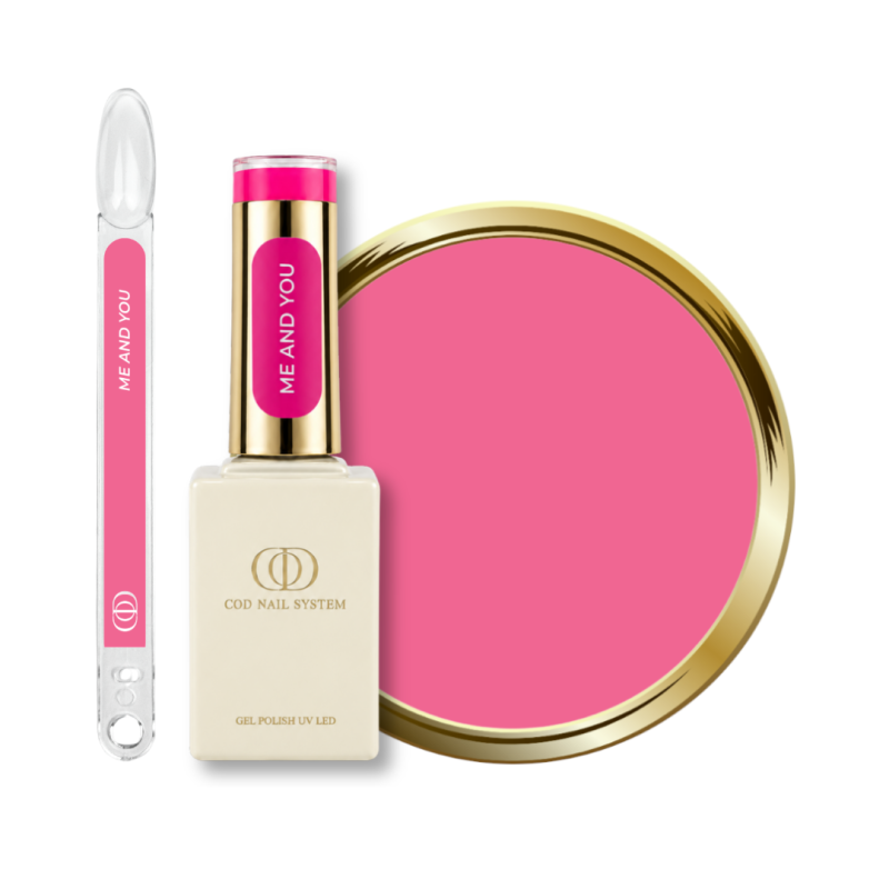 Flacon, tips et pastille du vernis semi permanent Me And You, rose néon