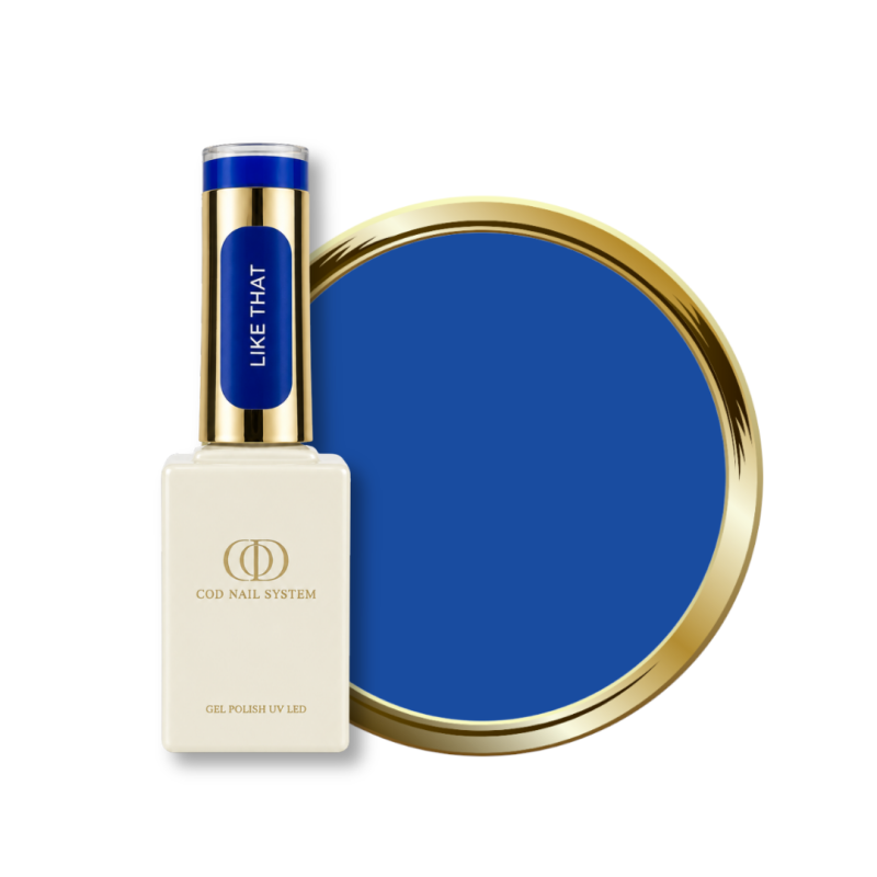 Flacon et pastille du vernis semi permanent Like That, bleu roi