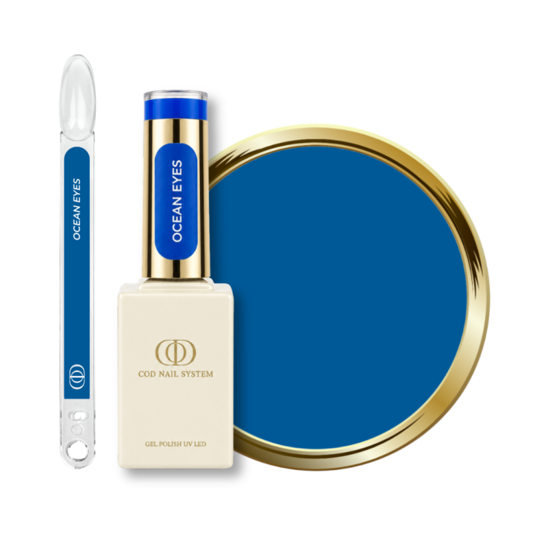 Flacon, tips et pastille du vernis semi permanent Ocean Eyes, bleu égyptien