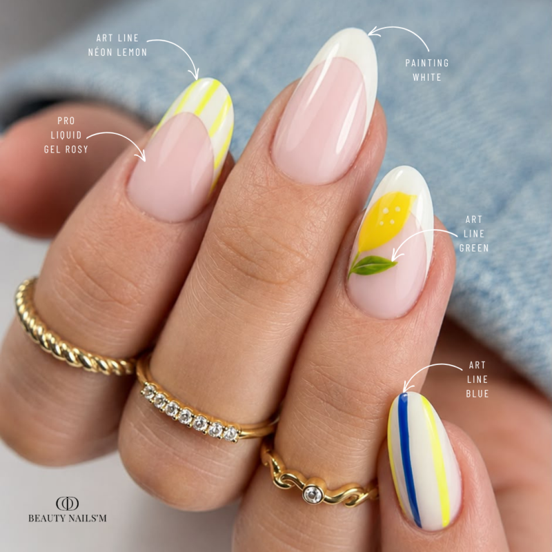 Pose d'ongle en amandes avec le gel paint Art Line Blue