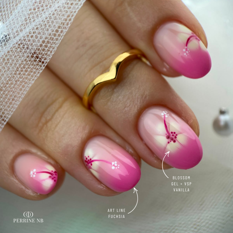 Pose d'ongles en amandes avec le gel paint Art Line Fuchsia, rose