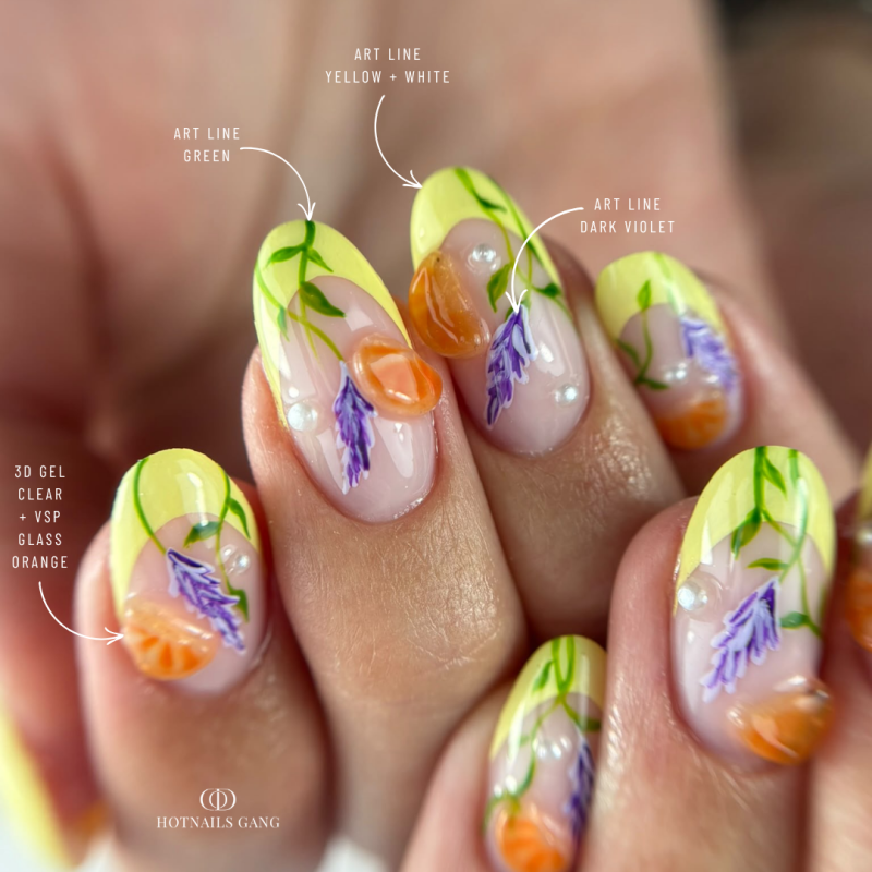 Pose d'ongles en amandes avec le gel paint Art Line Yellow, jaune