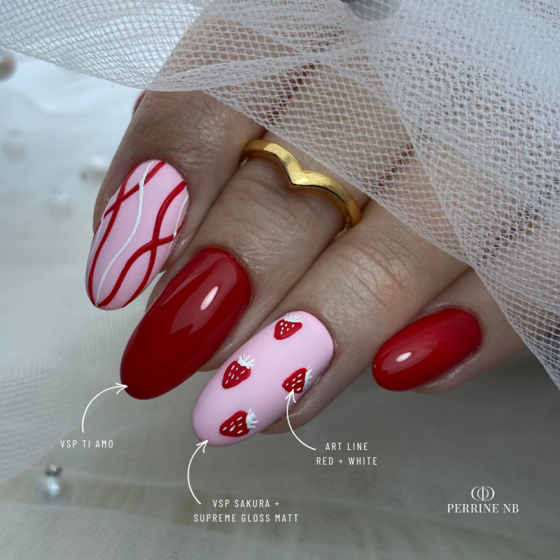 Pose d'ongles en amandes avec le gel paint Art Line Red, rouge
