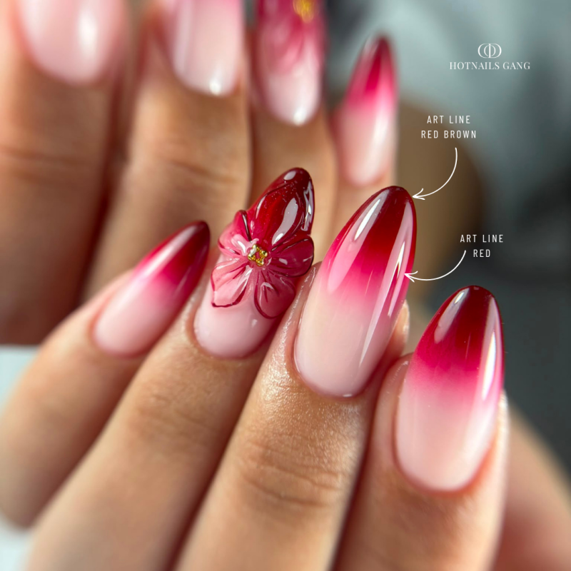 Pose d'ongles en amandes avec le gel paint Art Line Red, rouge