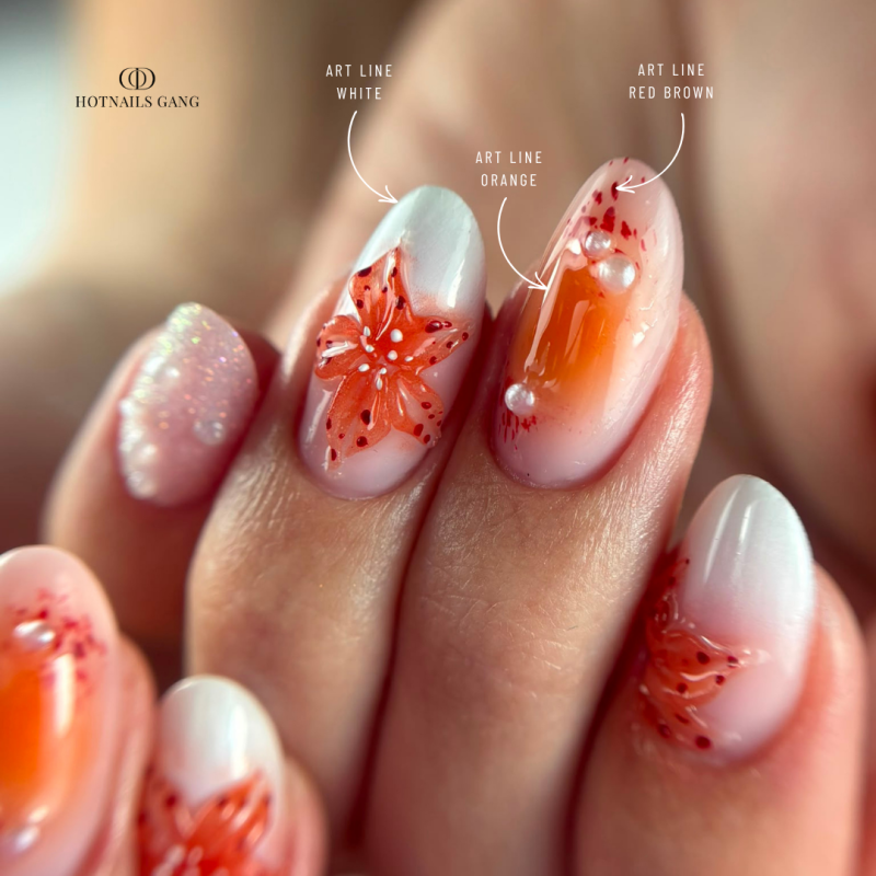 Pose d'ongles en amandes avec le gel paint Art Line Orange