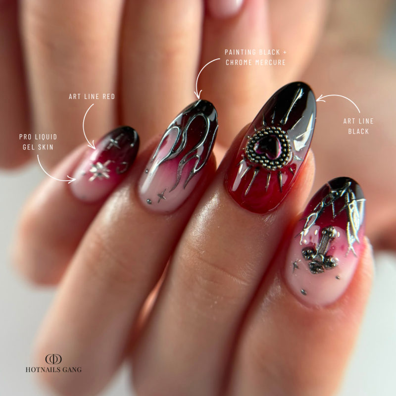 Pose d'ongles en amandes avec le gel paint Art Line Black, noir