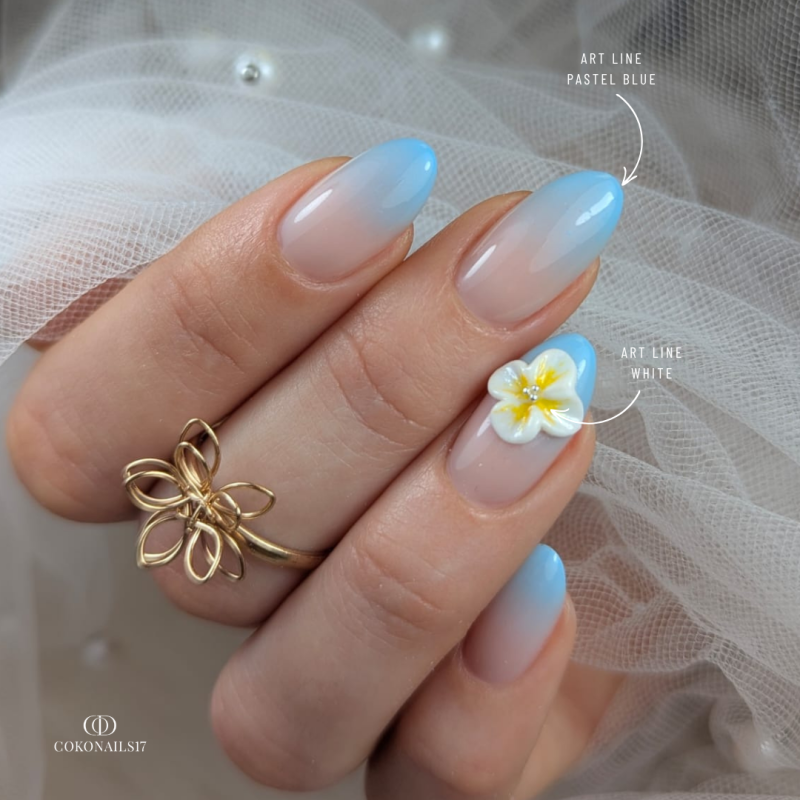 Pose d'ongles en amandes avec le gel paint Art Line Pastel Blue, pastel bleu