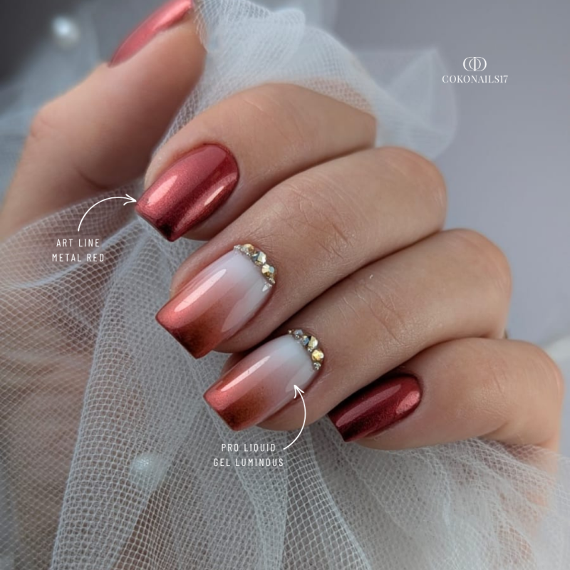 Pose d'ongles carrée avec le gel paint Art Line Metal Red, rouge métallique
