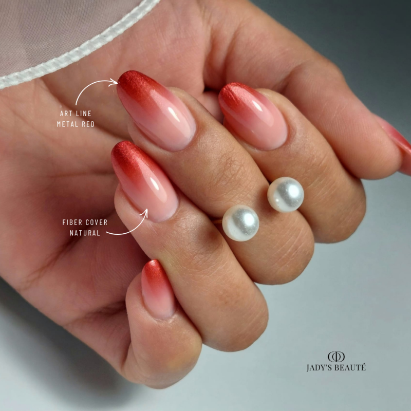 Pose d'ongles en amandes avec le gel paint Art Line Metal Red, rouge métallique