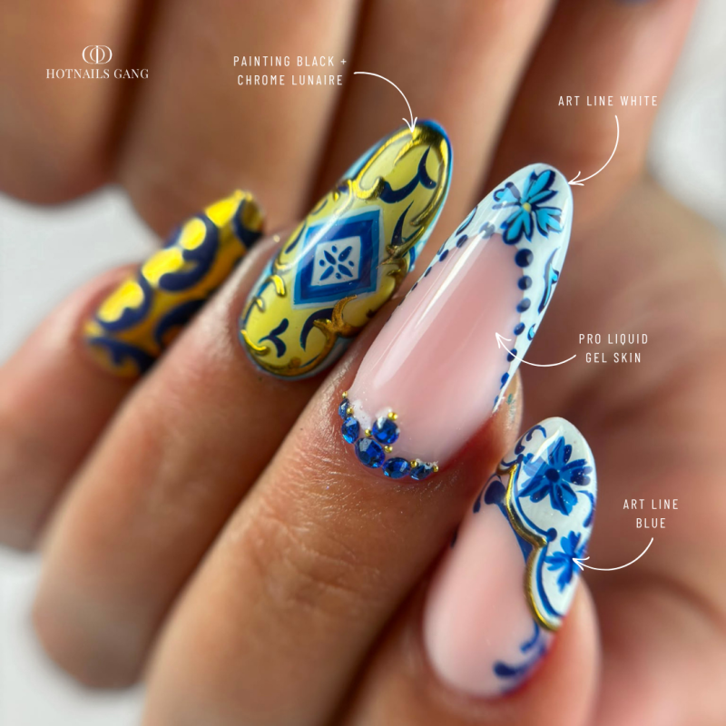 Pose d'ongle en amandes avec le gel paint Art Line White, blanc