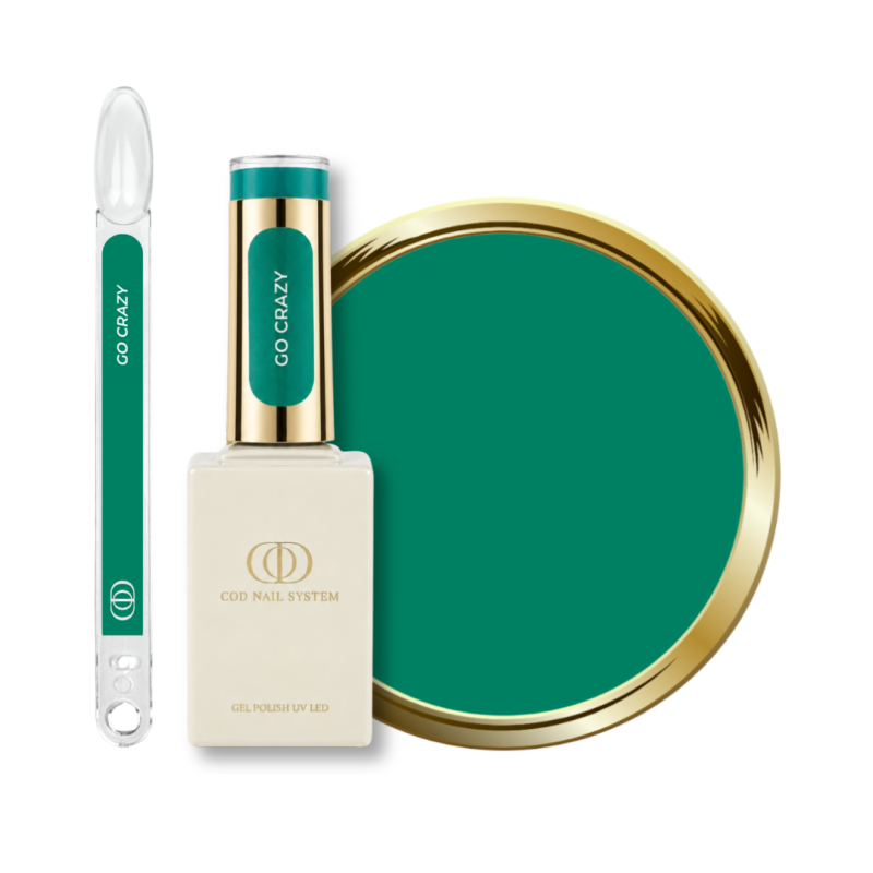 Flacon, tips et pastille du vernis semi permanent Go Crazy, vert menthe