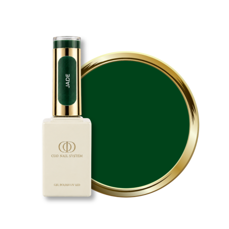 Flacon et pastille du vernis semi permanent Jade, vert foncé