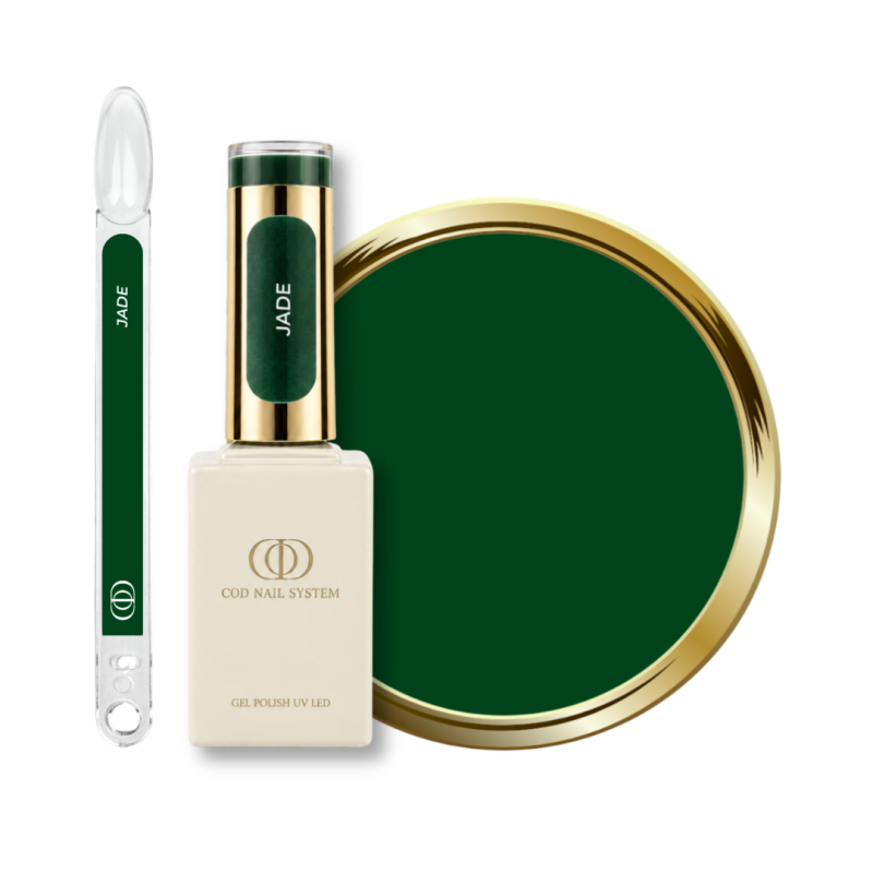 Flacon, tips et pastille du vernis semi permanent Jade, vert foncé