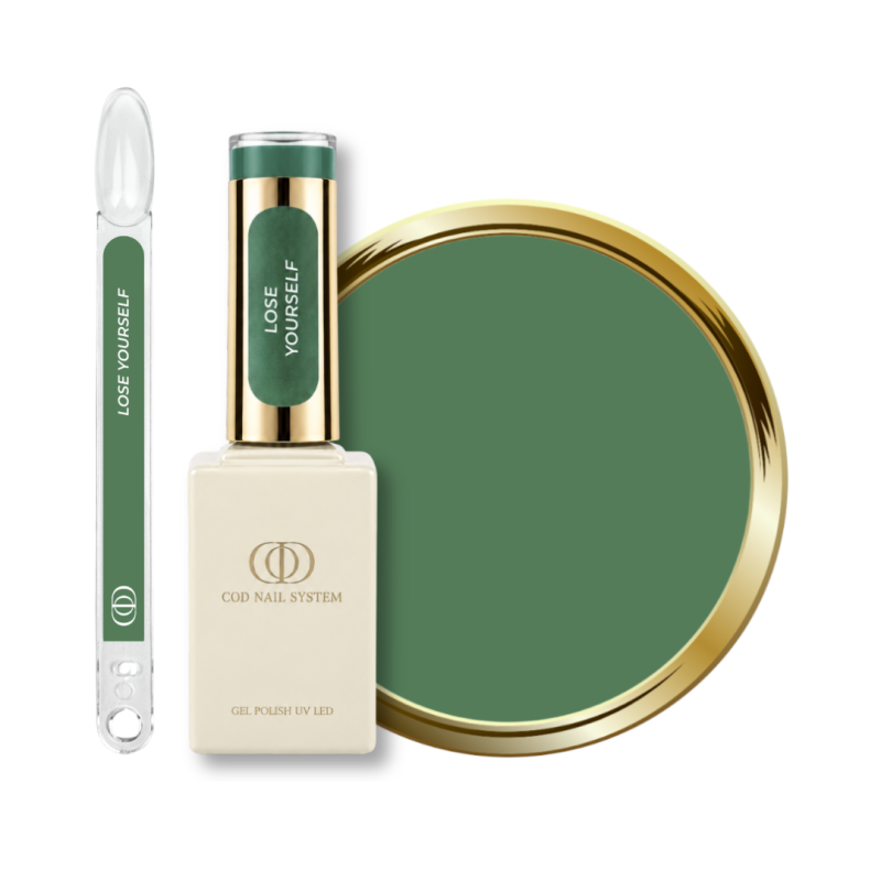 Flacon, tips et pastille du vernis semi permanent Lose Yourself, vert kaki medium