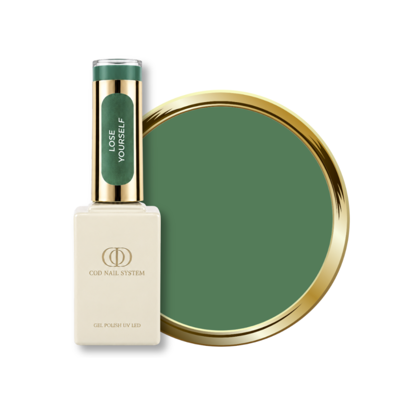 Flacon et pastille du vernis semi permanent Lose Yourself, vert kaki medium