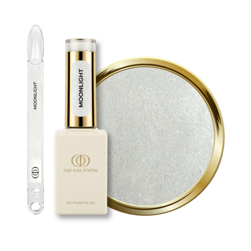 Flacon, tips et pastille du vernis semi permanent Moonlight, blanc laiteux pailleté argent