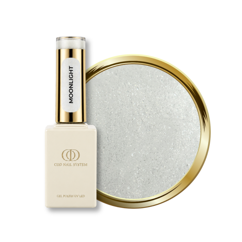 Flacon et pastille du vernis semi permanent Moonlight, blanc laiteux pailleté argent