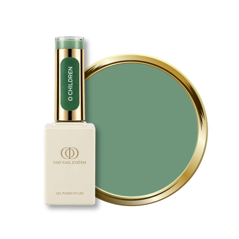 Flacon et pastille du vernis semi permanent O Children, vert argile