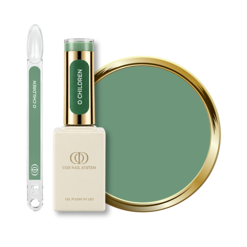 Flacon, tips et pastille du vernis semi permanent O Children, vert argile