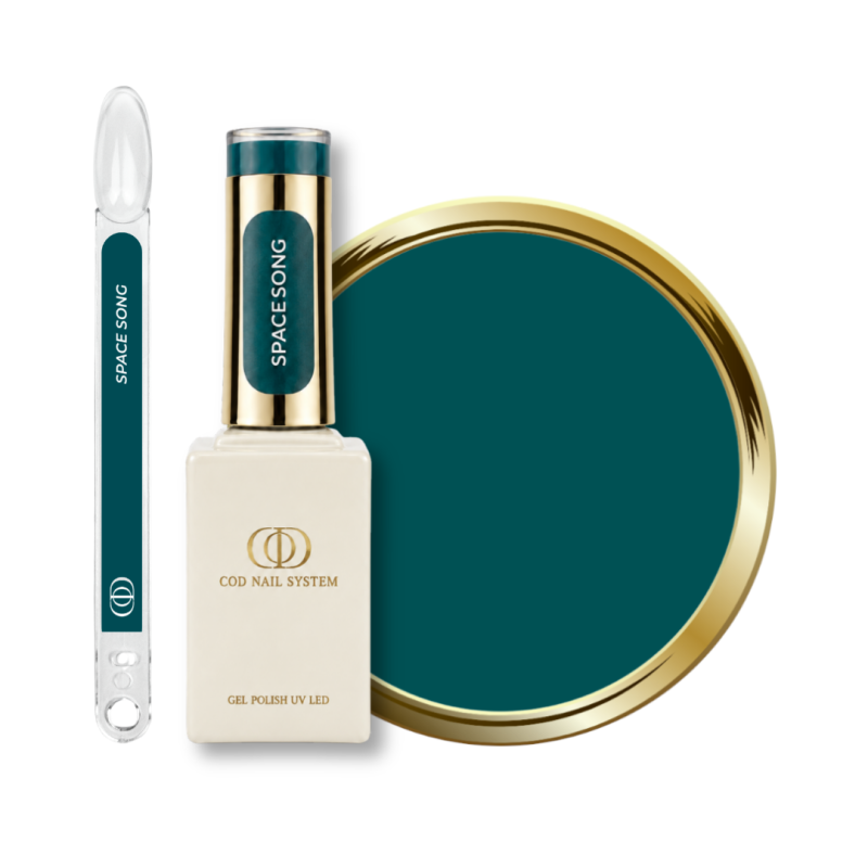 Flacon, tips et pastille du vernis semi permanent Space Song, vert canard