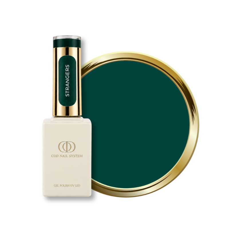 Flacon et pastille du vernis semi permanent Strangers, vert bleuté