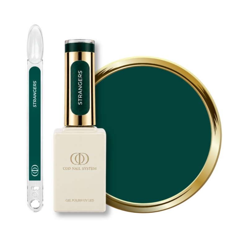 Flacon, tips et pastille du vernis semi permanent Strangers, vert bleuté